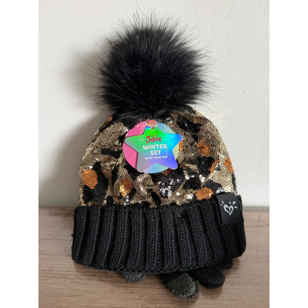 Girl winter hat and glove set cheetah